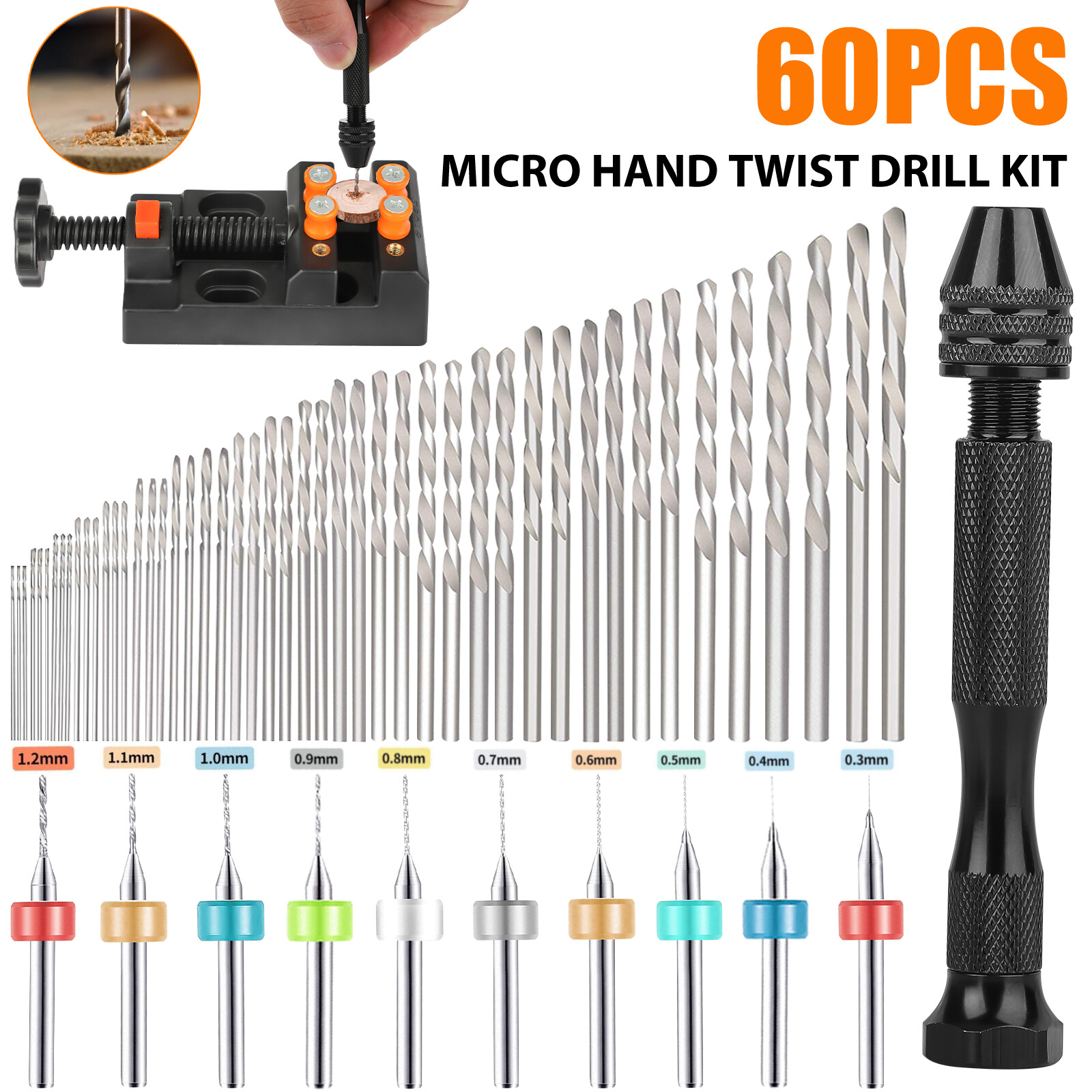 Pin Vice Micro - 60-teiliges Mini-Mikro-Handbohrer-Set, kleiner manueller schlüsselloser Bohrfutter-Spannschraubstock,